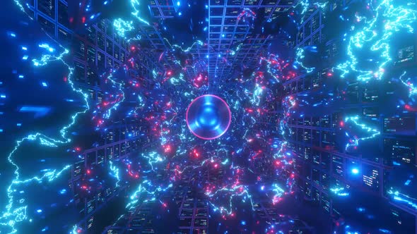 Vj loop, abstract high-tech tunnel Matrix style render. Electrical discharges