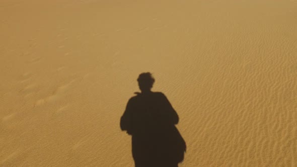 Man's shadow on sand in desert, Egypt alt