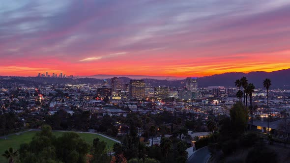Downtown Los Angeles and Glendale Day to Night Skyfire Sunset alt