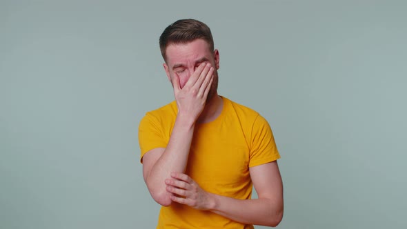 Upset Disappointed Man Alone Wipes Tears and Cries From Despair Being Sad Because of Unfair Things alt