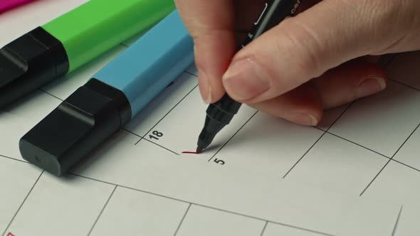 Close Up of Female Hand Filling Paper Calendar with Red Marker Writing a Word MEETING alt