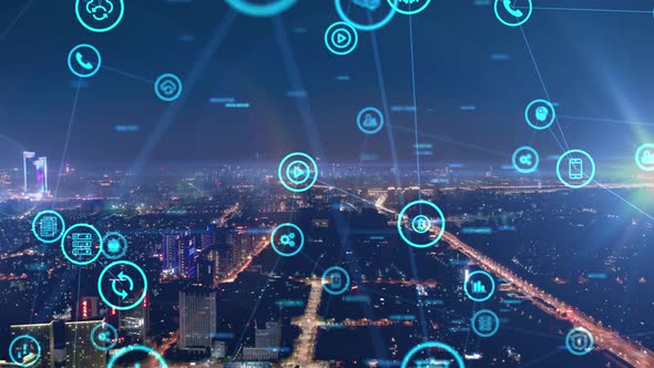 smart Connected city skyline. Futuristic network concept, city Technology. alt