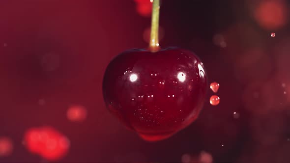 Cherries in Juice Splash Dark Red Background in Slow Motion alt