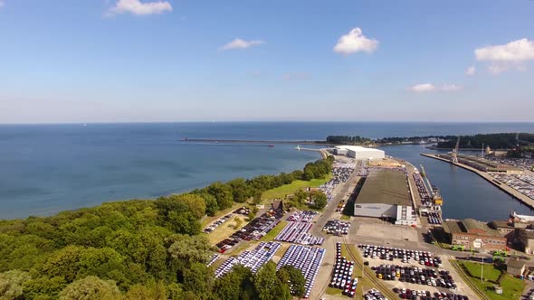 Aerial view of new cars in a port of Gdansk, Poland alt