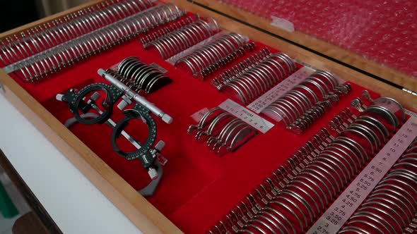 Trial lens set and frame set in the box, equipment for eye examination in clinic alt