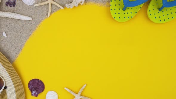 Colorful summer holiday beach background border design top view with copy space