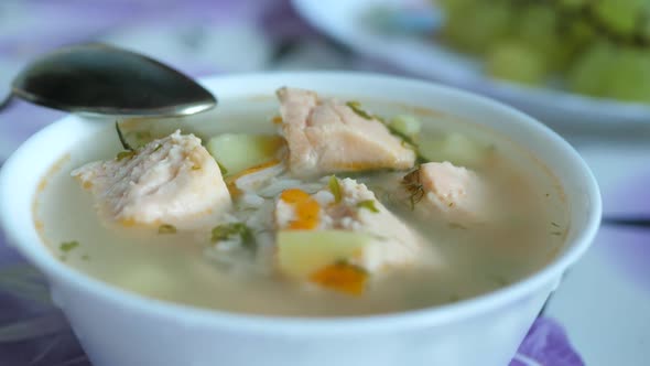 Green Parsley Leaves Fall To Soup with Fish Salmon
