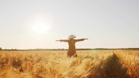 Pregnant woman in the rays of the sunset in the field alt