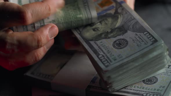 Hands Checks US Dollar Bills or Counting in Cash Against the Backdrop of Police Car Lights alt