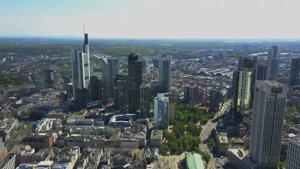AERIAL: View on Frankfurt Am Main Skyline Sunshine alt