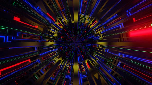 Abstract Techno Tunnel with Colored Sectors and Glow on Black Background