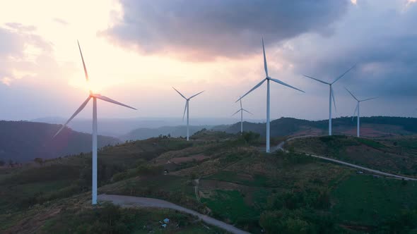 Windmills, Khao Kho, Phetchabun, Thailand. Aerial view generator electric power park system. alt