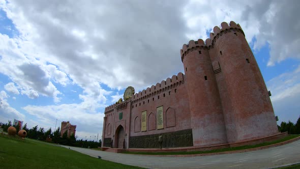 4k Timelapse  Ganja City Monument To The Gates Of The Ancient Fortress side view