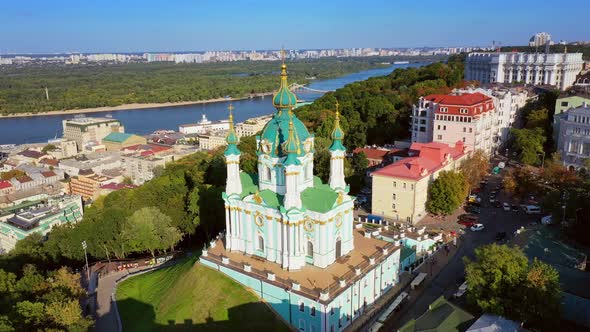 Aerial Drone Video Famous St. Andrews Church and Panorama of Kyiv, Ukraine alt