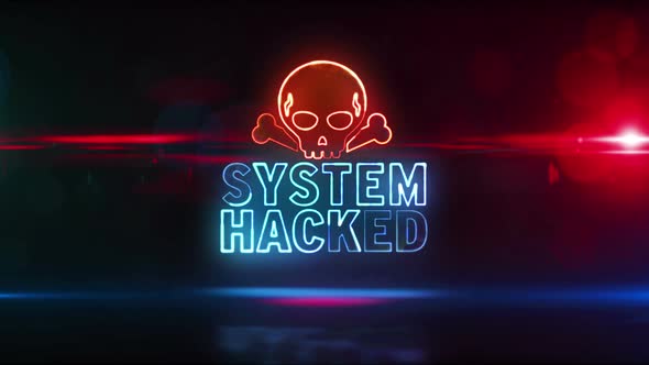 System hacked alert with skull neon symbol abstract loopable animation alt