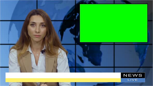 Female News Presenter in Broadcasting Studio With Green Screen Display For Mockup Usage