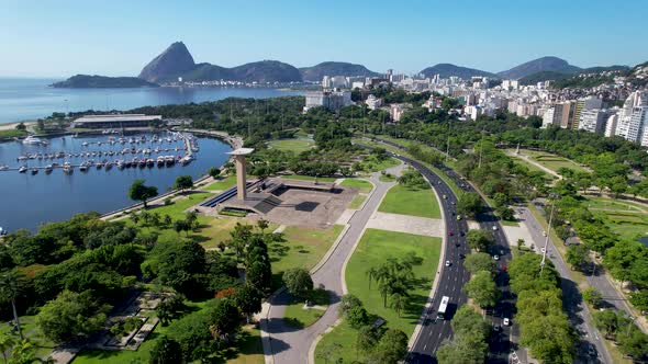 Panning wide view of downtown city of Rio de Janeiro Brazil. Tourism landmark. alt