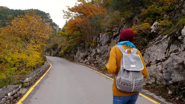 Pretty Smiling Asian Woman Walks in Autumn Road alt