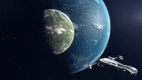 Lush Green Moon Orbiting an Ocean Super Earth - With Spaceship Leaving alt