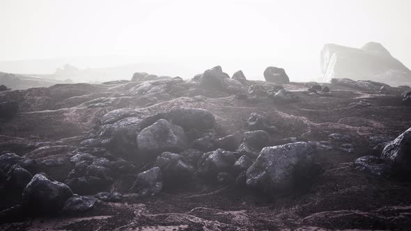 Foggy Mountain Landscape with Snow Cornice Over Abyss Inside Cloud alt