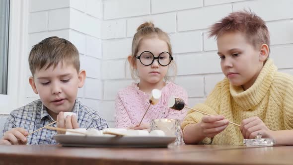 Teenagers From the Same Family Fry Marshmallows on a Candle Putting Them on Wooden Sticks alt