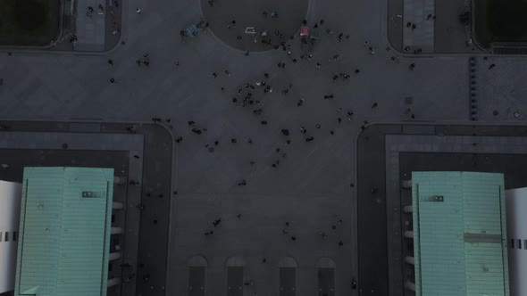 AERIAL: Slow Birds View Overhead Shot of Brandenburg Gate Roof with Quadriga Statue Close Up and alt
