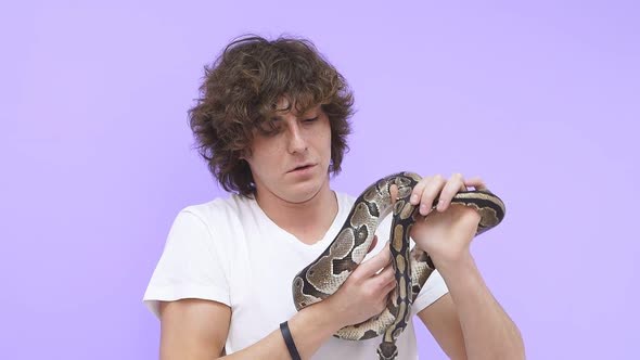 a Man is a Little Afraid of a Snake That Crawls on His Hand a Confused Young Man is Trying to