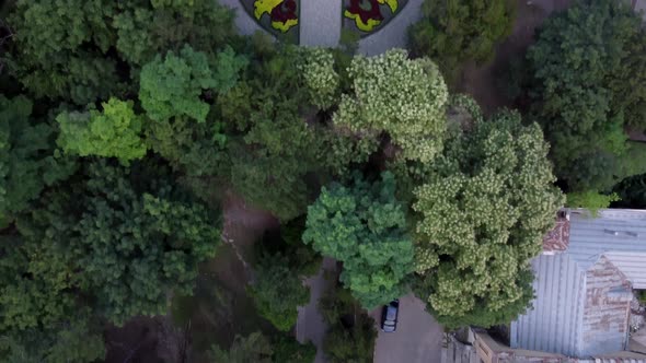 Flight on a Quadcopter Over an Ancient Estate at Sunset in Pyatigorsk