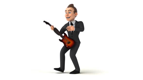Fun 3D cartoon businessman with a guitar alt