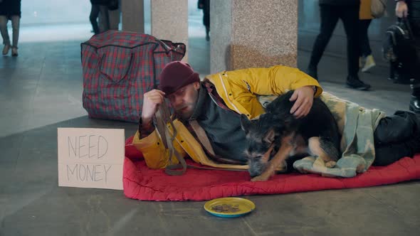 A Vagrant Man and His Dog are Resting in the Underpass alt