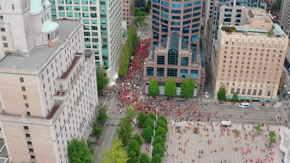 Political Activists Demonstrate for Social Justice in Vancouver BC Canada, Aerial Wide Shot alt