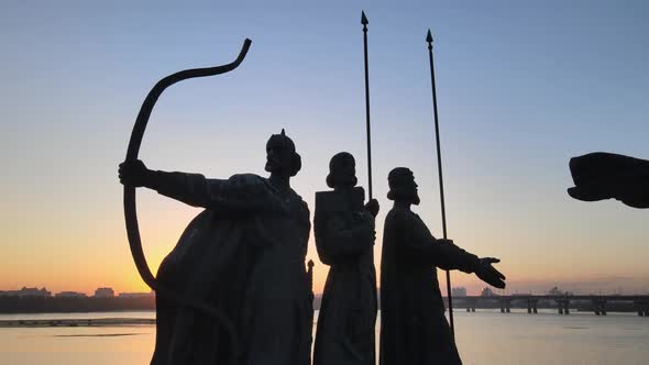Symbol of Kyiv - a Monument To the Founders of the City in the Morning at Dawn. Ukraine. Aerial alt