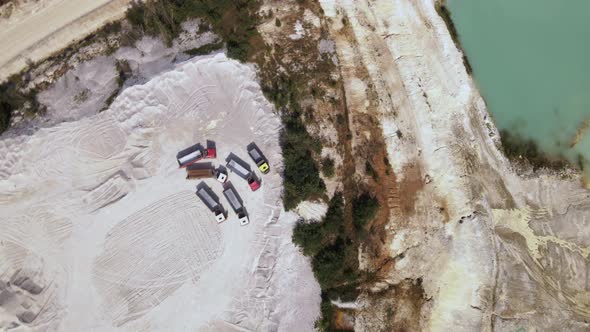 Aerial View Trucks Near Quarry Extraction Porcelain Clay Kaolin