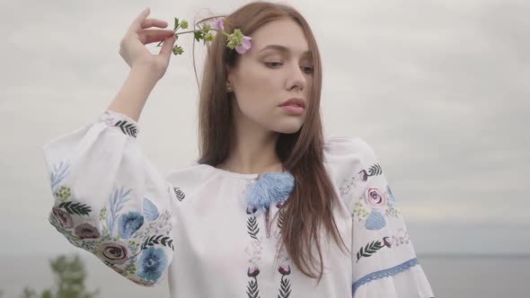 Portrait Adorable Carefree Girl Wearing Long Summer Fashion Dress Looking Confident at Camera alt