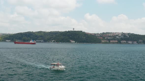 Istanbul Bosphorus Boat Passing Aerial View