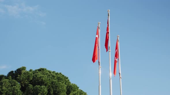 Turkish national flags waving against blue sky alt