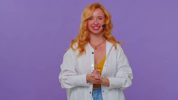 Red Hair Girl Businesswoman Communicate Talking on Headphones Call Center Chat Customer Service alt