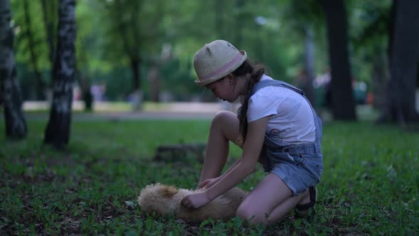 Child Girl Playing with a Toy Poodle Dog Outdoors alt