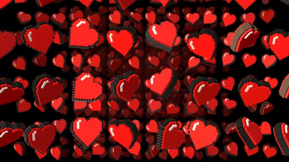 Grid of retro arcade 8 bits pixel hearts 