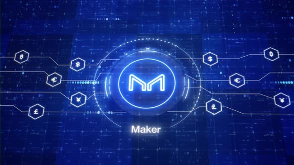Maker animated logo. Makercryptocurrency logo. MKR intro in digital world. Animation of maker crypto alt