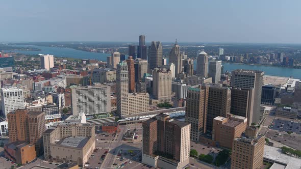 High angle aerial shot of downtown Detroit. This video was filmed in 4k for best image quality. alt