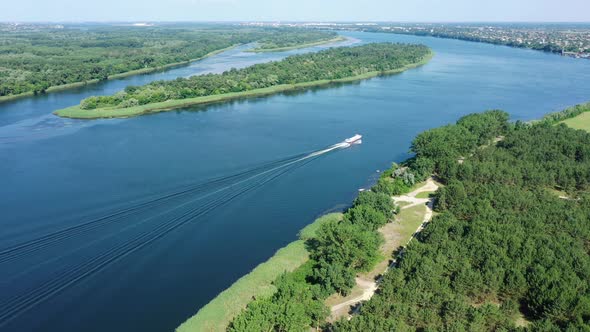 Aerial view. Hydrofoil vessel sails along the Dnieper River