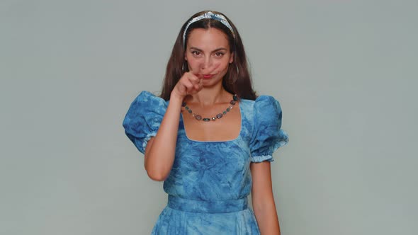 Pretty Woman Pointing at Her Eyes and Camera Show I Am Watching you Gesture Spying on Someone alt