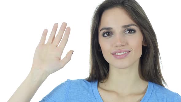 Hi, Hello, Woman Waving Hand, White Background alt
