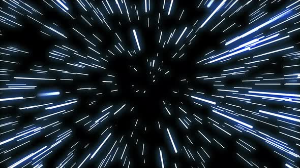 Hyperspace jump in blue through the stars to a distant space animation.