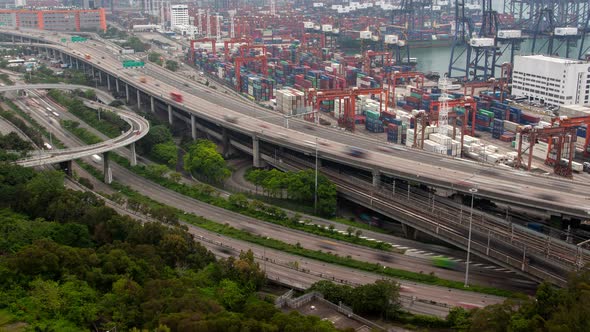 Hong Kong Container Port Terminal and Logistics Center Timelapse Pan Up alt