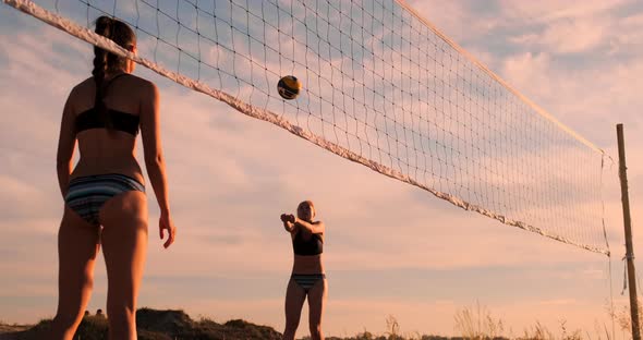 Young Female Volleyball Players Pass and Spike the Ball Over the Net on a Sunny Summer Evening. Fit alt
