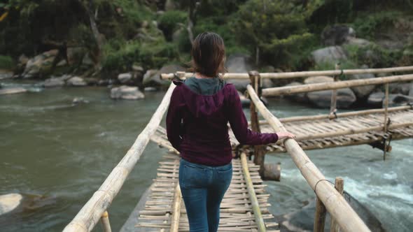 Attractive Woman River Bridge Thai Rainforest