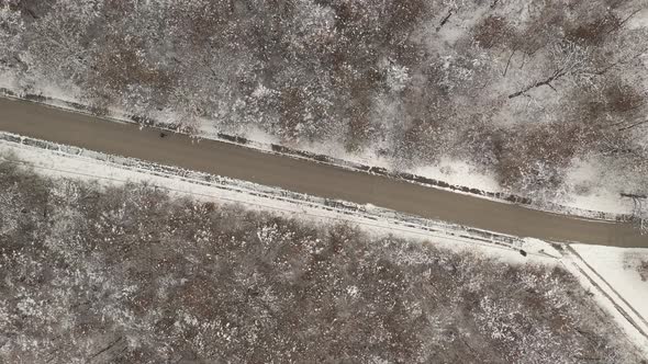 Unrecognizable pedestrian on snowed forest road 4K drone video