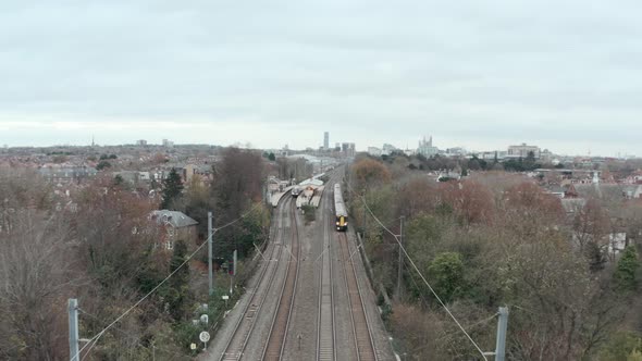 Dolly back drone shot over Electrostar gwr train alt